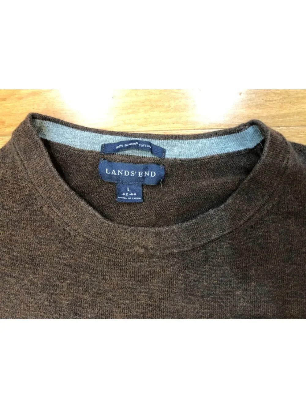 Lands End 100% Supima Cotton Dark Brown Crew Neck Knit Sweater Size L